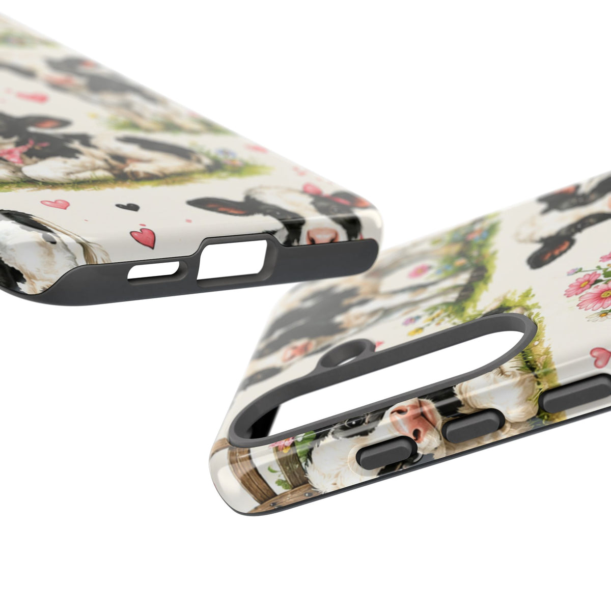 Cute Calf Pattern Phone Case – Pastel Cow Hearts & Flowers Protective Cover