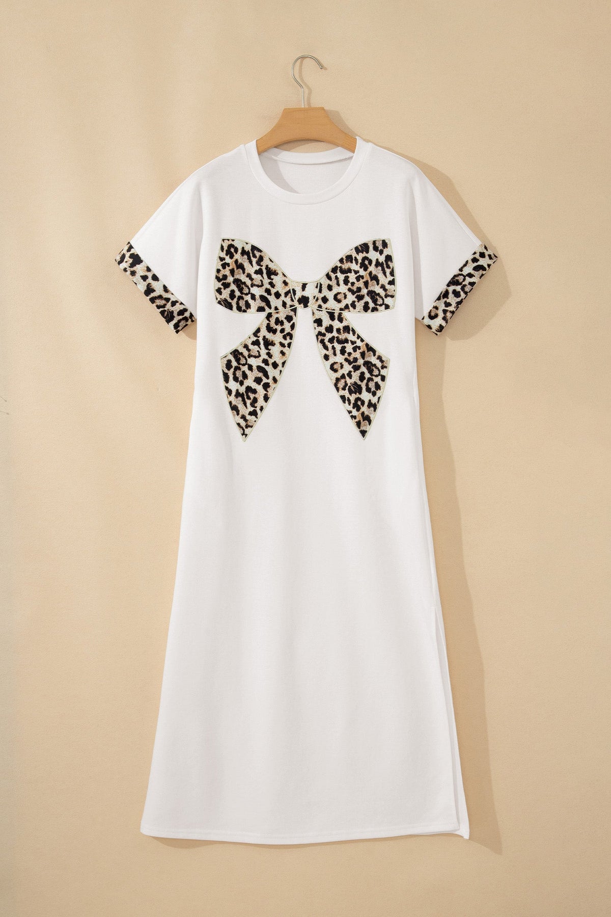 Leopard Bow Patched Short Sleeve T-Shirt Long Dress