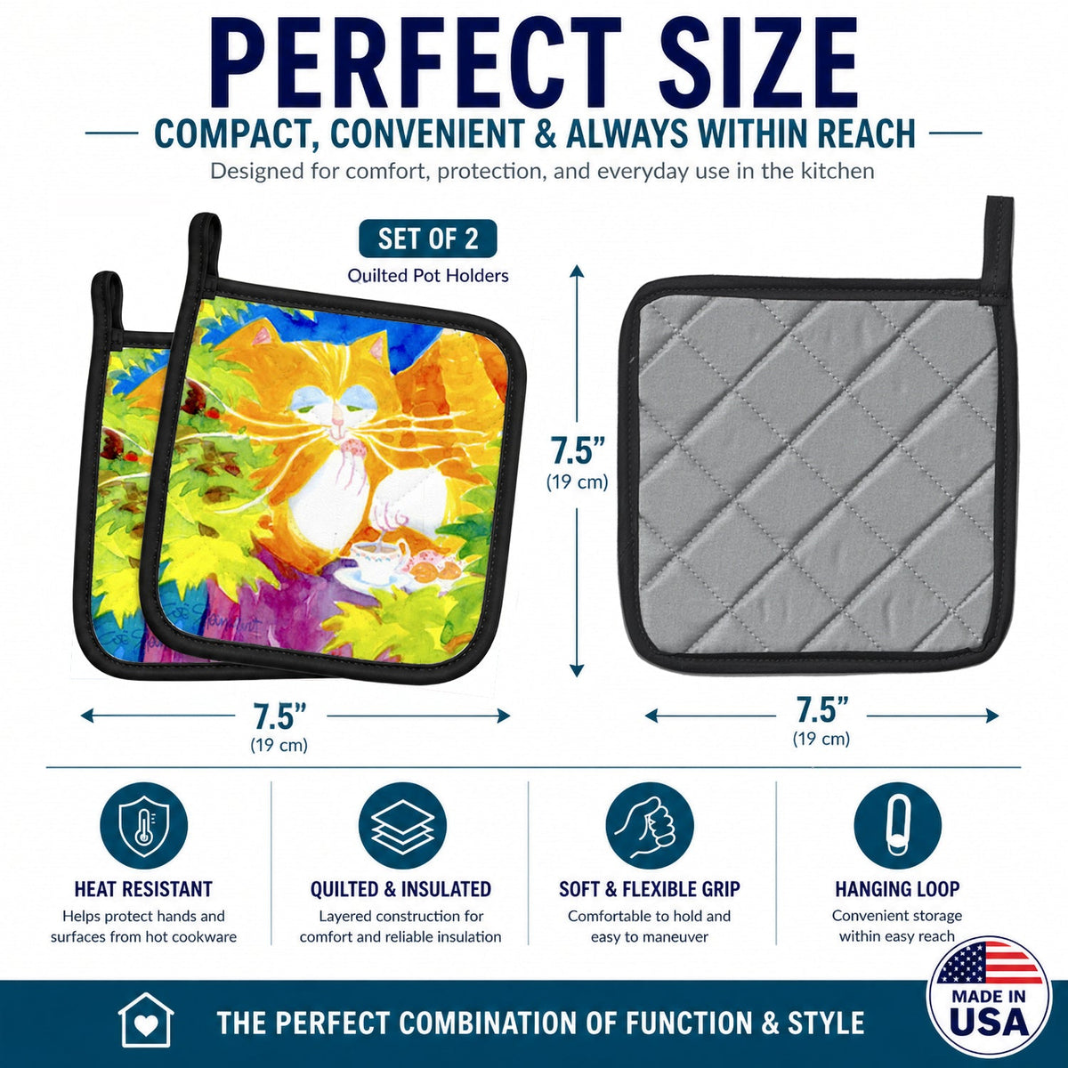 Cat Tea Time Pot Holder Set of 2 Heat Resistant Quilted Hot Pads 7.5 x 7.5 Inch, Insulated Kitchen Trivets for Cooking & Baking