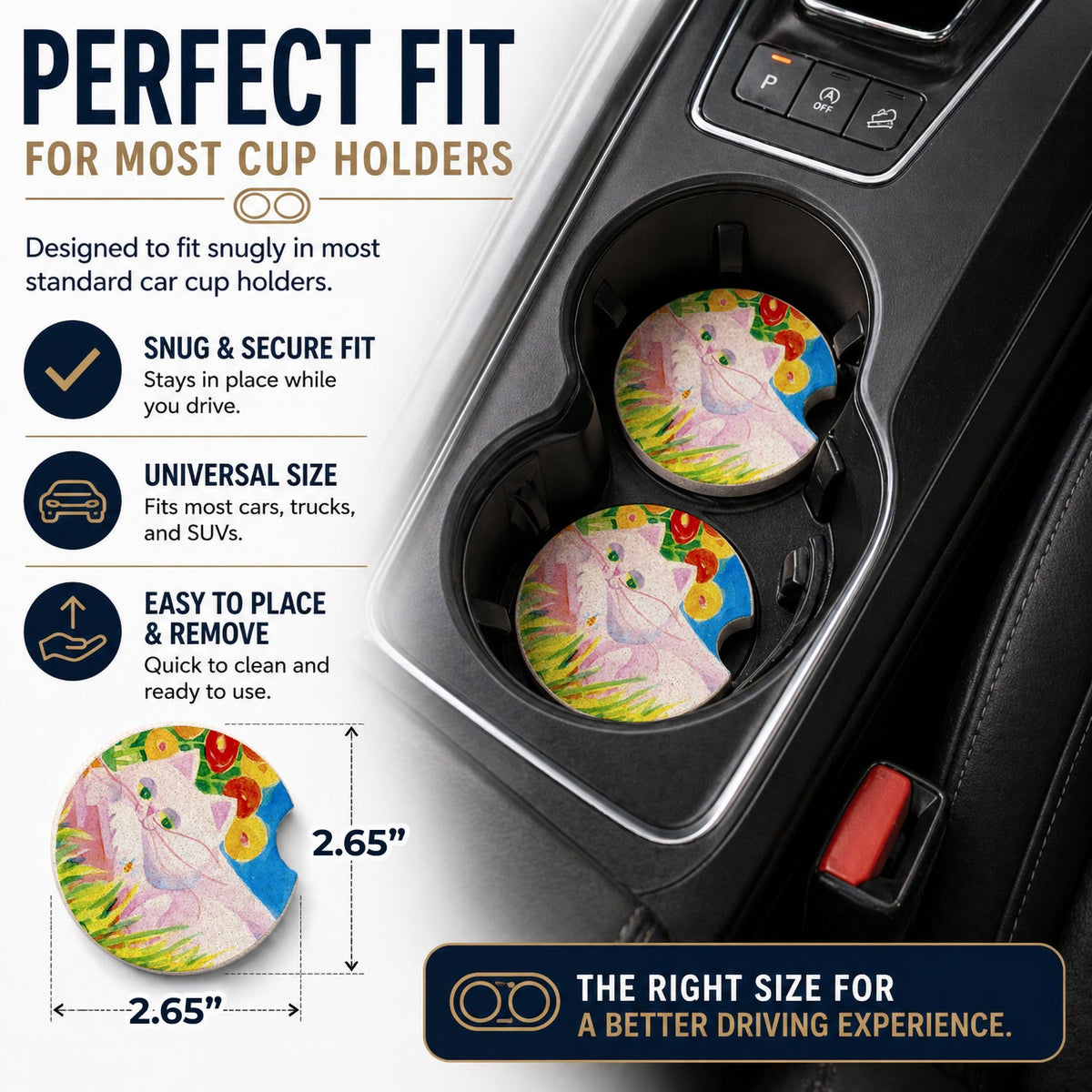 White Cat Tea Time Set of 2 Cup Holder Car Coasters Absorbent Round Sandstone Coasters Gifts for Men or Women, 2.5, Multicolor