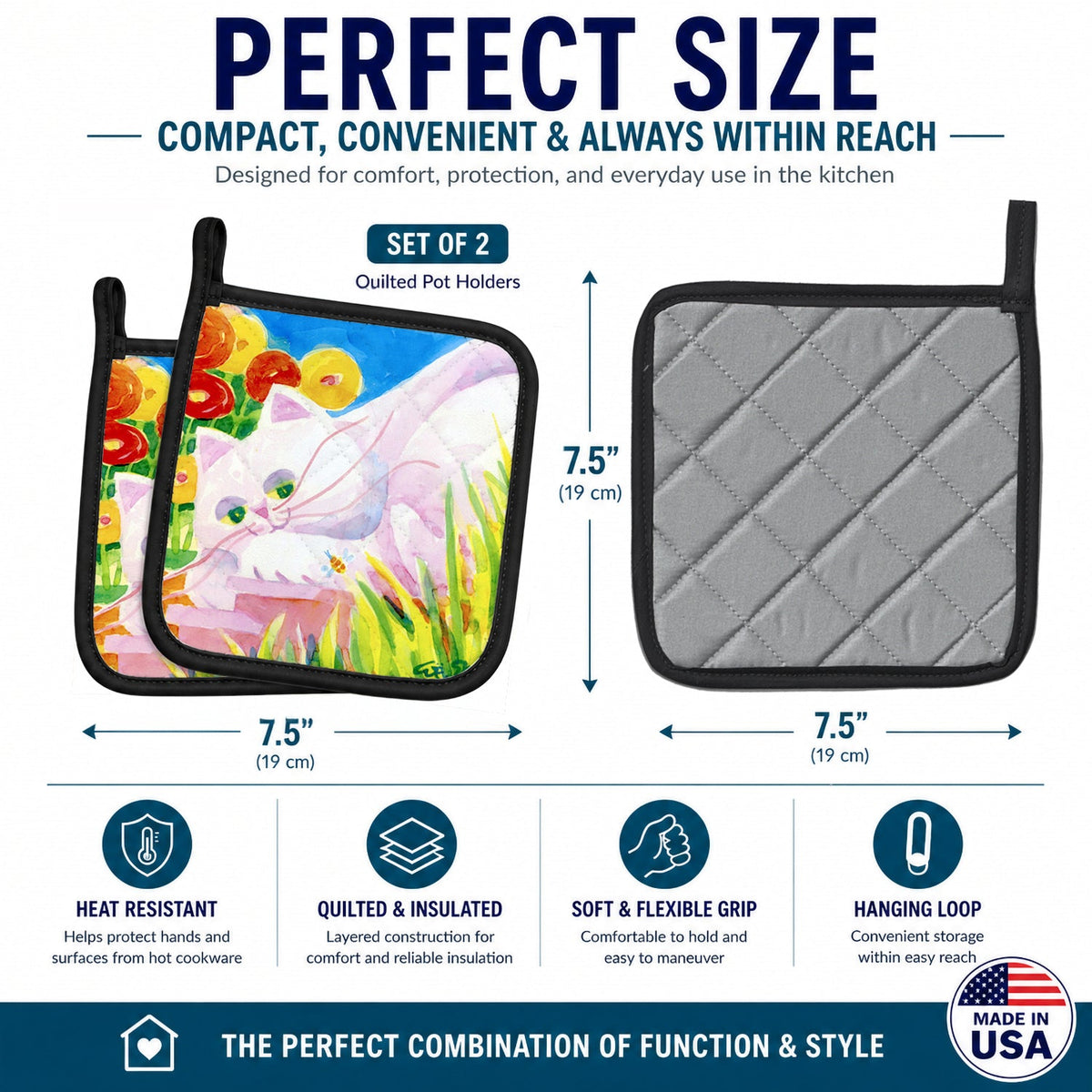 White Cat Tea Time Pot Holder Set of 2 Heat Resistant Quilted Hot Pads 7.5 x 7.5 Inch, Insulated Kitchen Trivets for Cooking & Baking