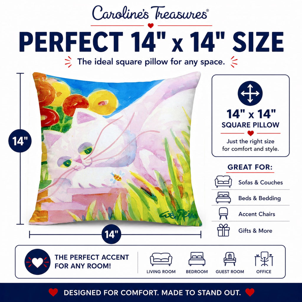 White Cat Tea Time Decorative Throw Pillow 14x14 Indoor Outdoor Accent Cushion, Fabric Cover with Insert for Sofa, Bed, Porch & Living Room