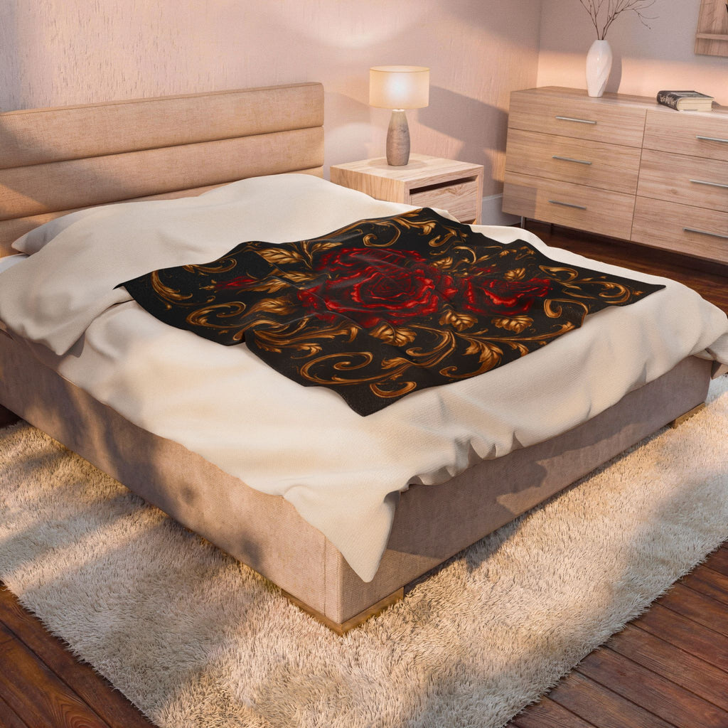 Velveteen Blanket - Baroque Red Roses on Black Plush Throw