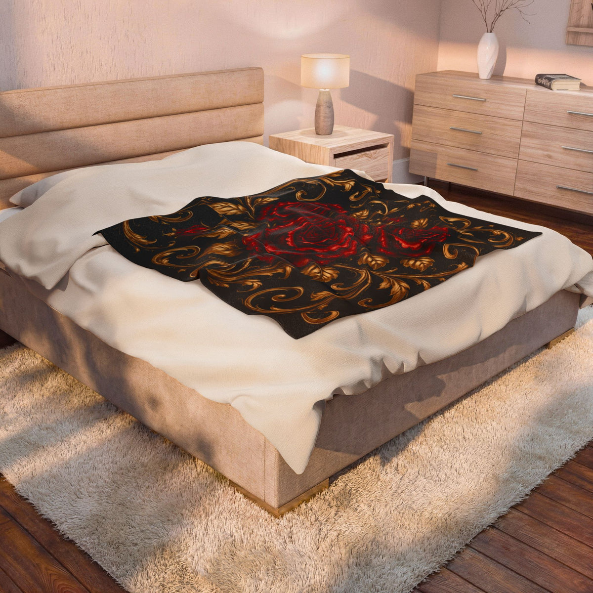 Velveteen Blanket - Baroque Red Roses on Black Plush Throw