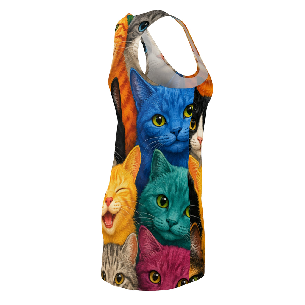 Colorful Cat Print Racerback Dress — Cute Multicolor Kitten All-Over Print