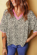 Leopard Contrast V-Neck Short Sleeve Top
