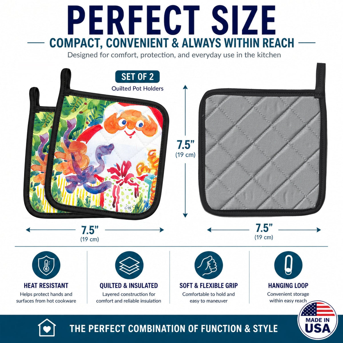 Santa Claus Christmas Surprise Pot Holder Set of 2 Heat Resistant Quilted Hot Pads 7.5 x 7.5 Inch, Insulated Kitchen Trivets for Cooking & Baking