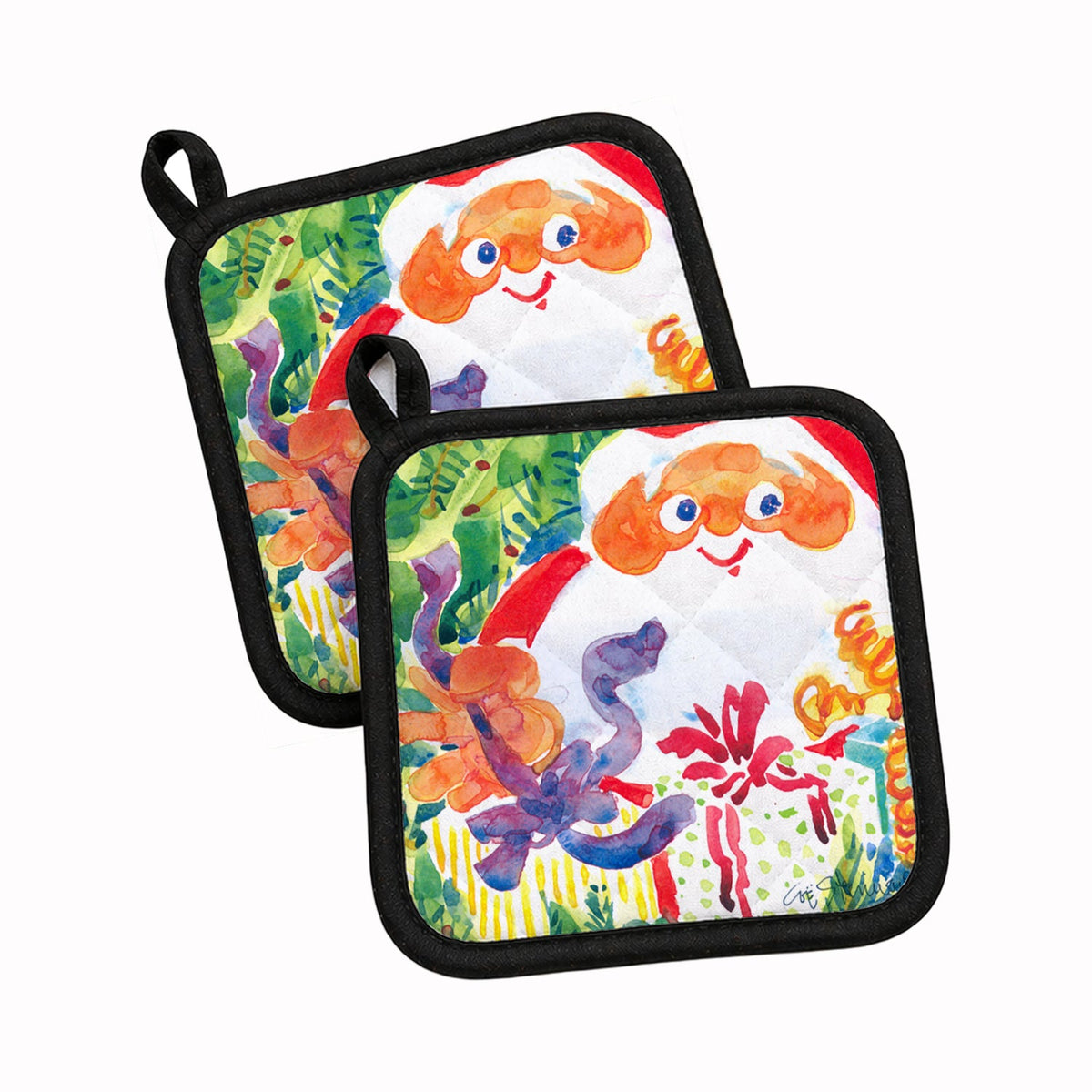 Santa Claus Christmas Surprise Pot Holder Set of 2 Heat Resistant Quilted Hot Pads 7.5 x 7.5 Inch, Insulated Kitchen Trivets for Cooking & Baking