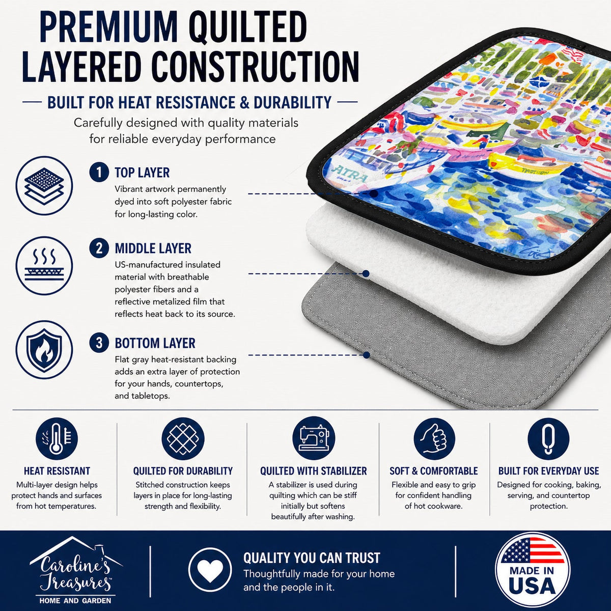Harbour Pot Holder Set of 2 Heat Resistant Quilted Hot Pads 7.5 x 7.5 Inch, Insulated Kitchen Trivets for Cooking & Baking