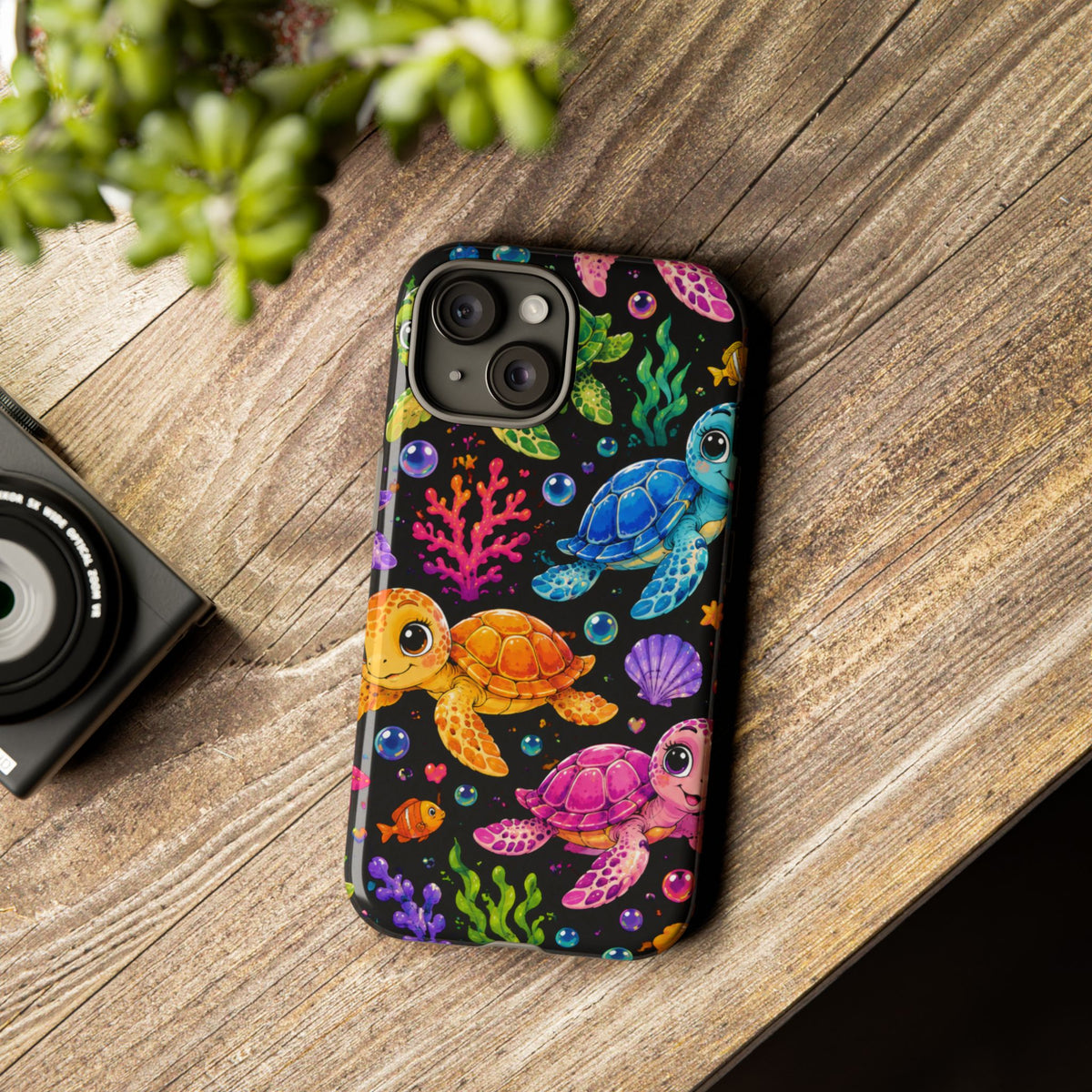 Phone Case — Colorful Cute Sea Turtles on Black (Protective Smartphone Cover)