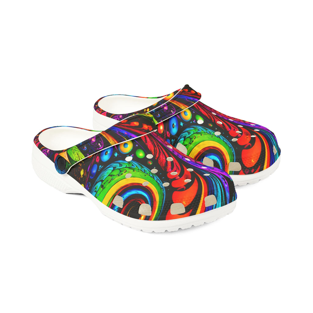 Colorful Psychedelic Foam Clogs — Vibrant Abstract Garden Slip-On Shoes