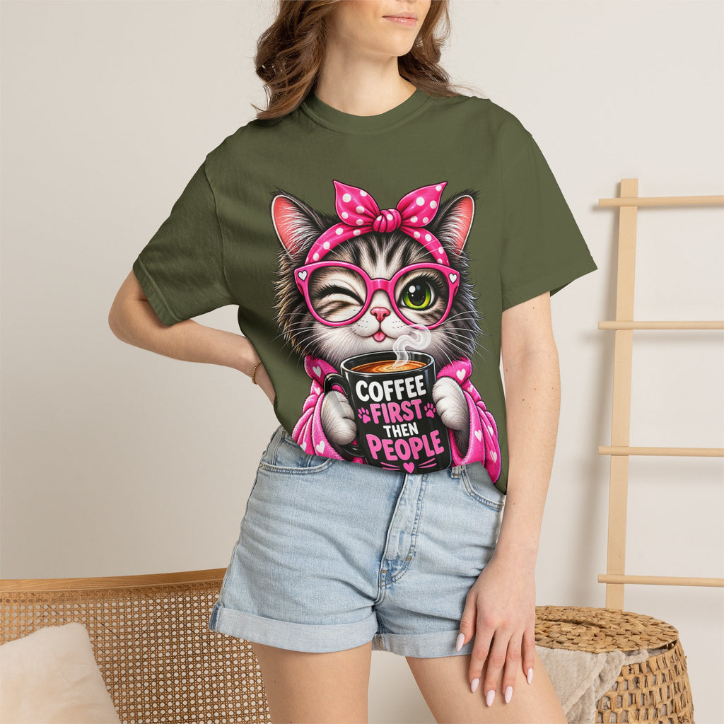 Cat Coffee Tee — "Coffee First Then People" Cute Cat Graphic T-Shirt
