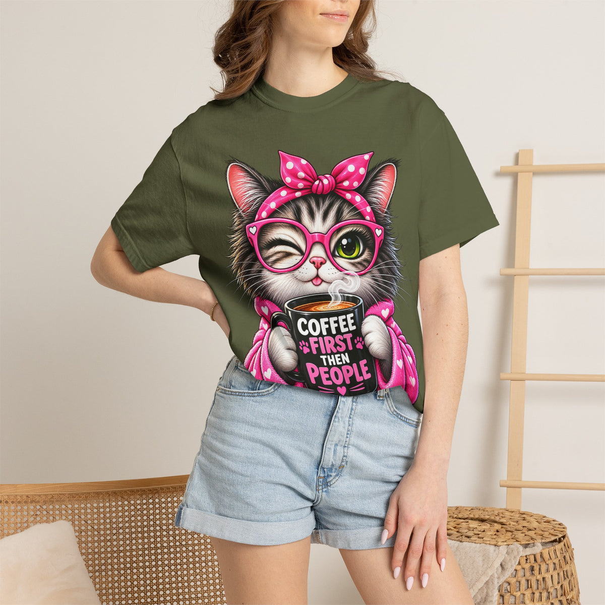 Cat Coffee Tee — "Coffee First Then People" Cute Cat Graphic T-Shirt