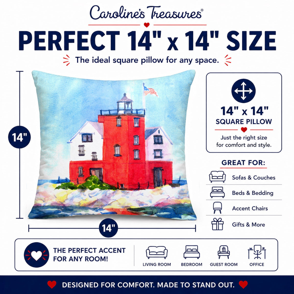 Lighthouse on the rocks Harbour Decorative Throw Pillow 14x14 Indoor Outdoor Accent Cushion, Fabric Cover with Insert for Sofa, Bed, Porch & Living Room