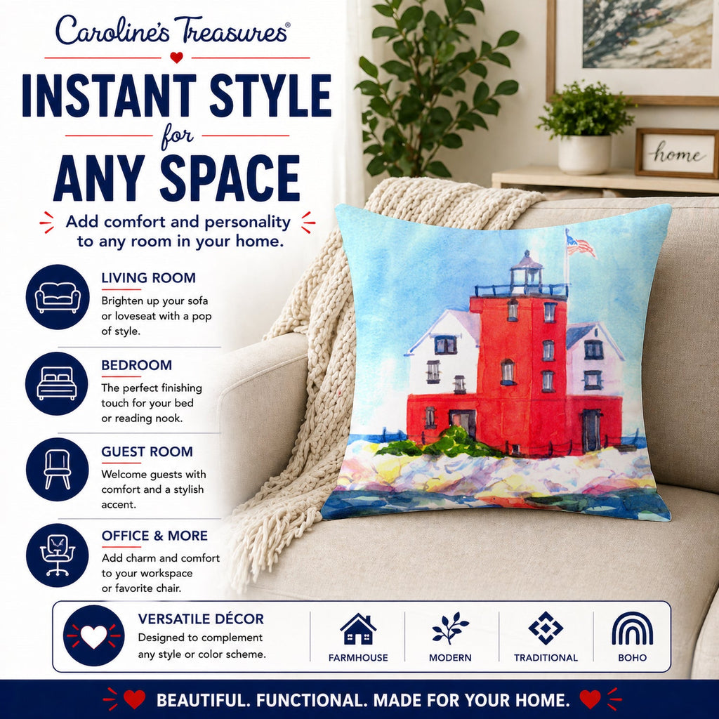 Lighthouse on the rocks Harbour Decorative Throw Pillow 14x14 Indoor Outdoor Accent Cushion, Fabric Cover with Insert for Sofa, Bed, Porch & Living Room