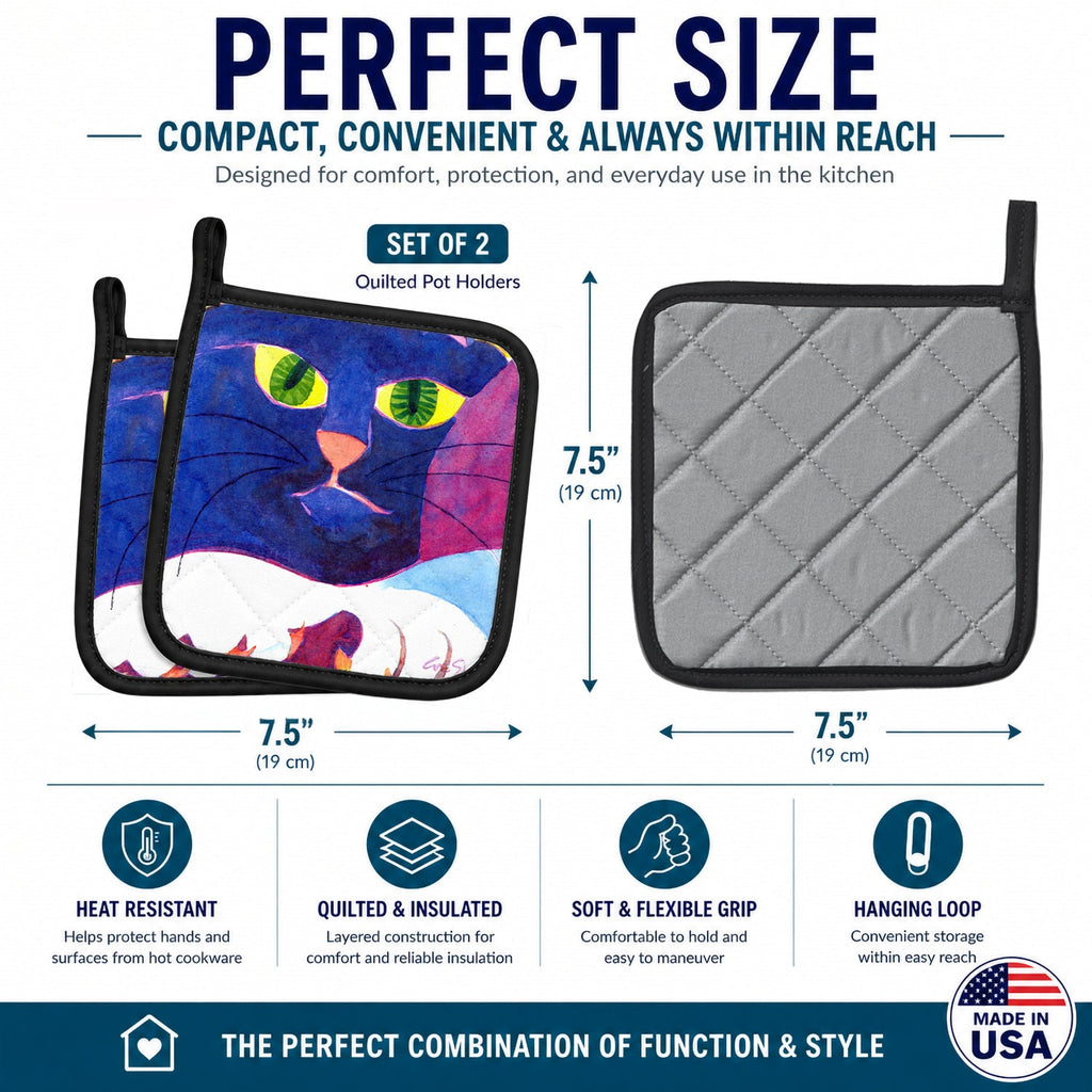 Big Blue Cat Pot Holder Set of 2 Heat Resistant Quilted Hot Pads 7.5 x 7.5 Inch, Insulated Kitchen Trivets for Cooking & Baking