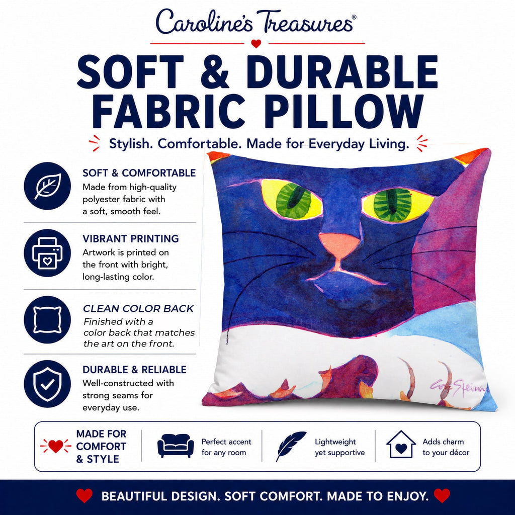 Big Blue Cat Decorative Throw Pillow 14x14 Indoor Outdoor Accent Cushion, Fabric Cover with Insert for Sofa, Bed, Porch & Living Room