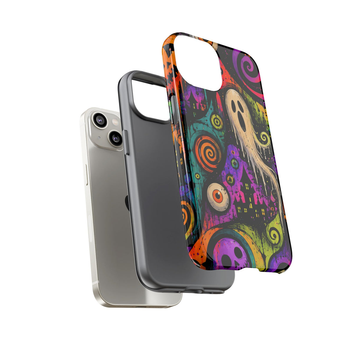Halloween Ghost Phone Case — Colorful Spooky Skull & Haunted House Tough Case
