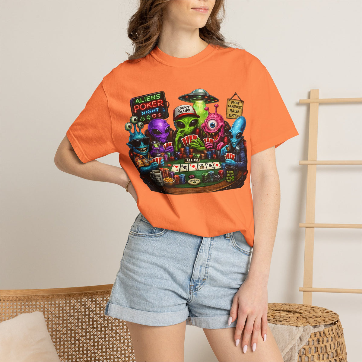 Aliens Poker Night T-shirt | Funny UFO Casino Card Game Design