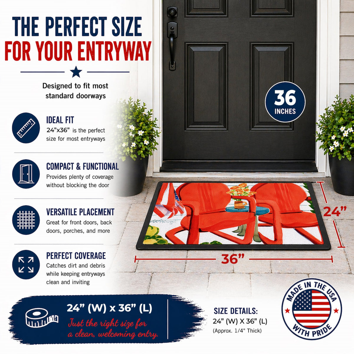 Red Chairs Patio View Doormat Indoor Outdoor 24H X 36W Front Door Mat Rugs for Entryway, Non Slip Washable Low Pile,