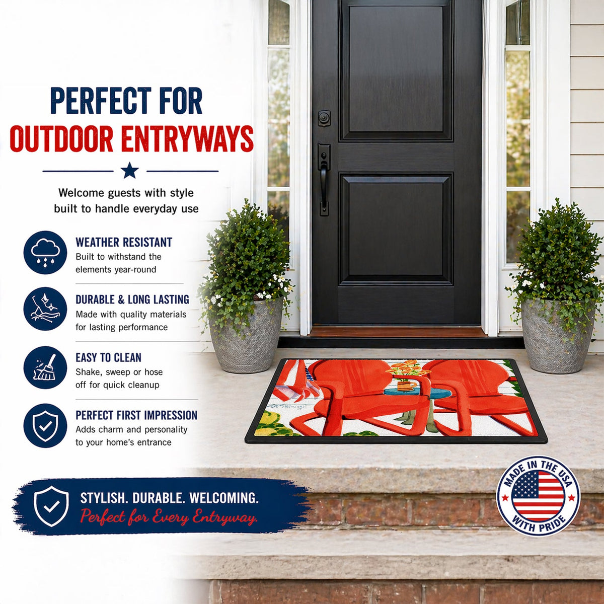 Red Chairs Patio View Doormat Indoor Outdoor 18H X 27W Front Door Mat Rugs for Entryway, Non Slip Washable