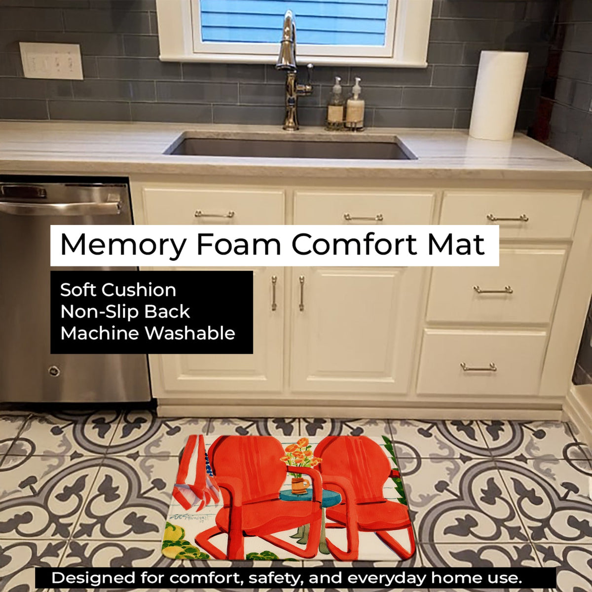 Red Chairs Patio View Memory Foam Kitchen Mat Machine Washable Anti-Fatigue Cushion Comfort Bath or Kitchen Rug