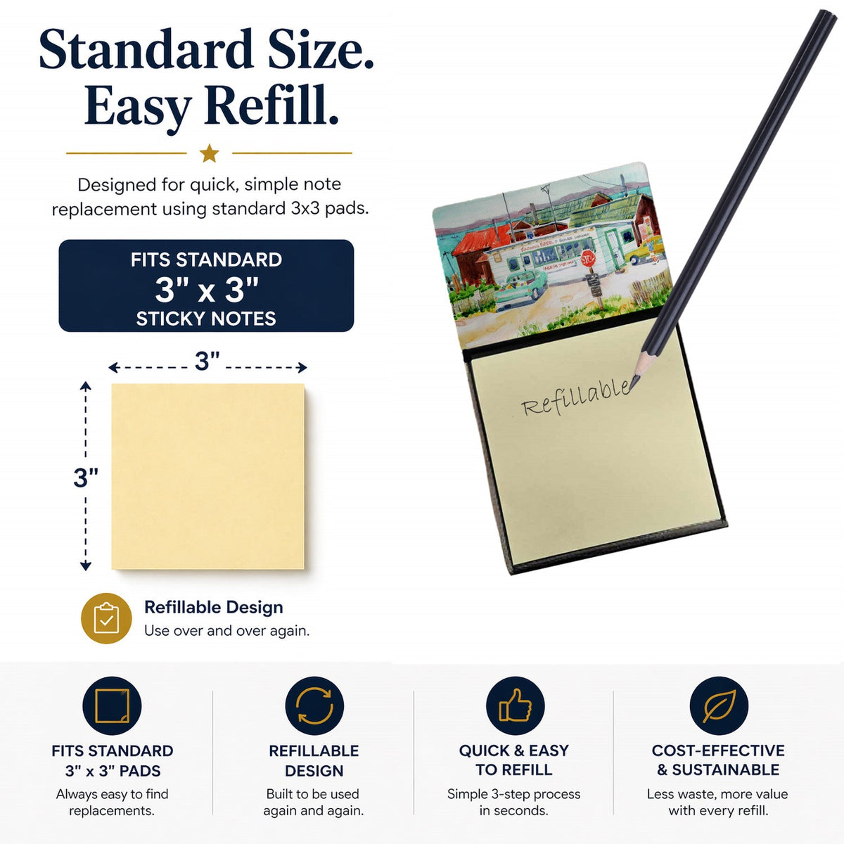 Tacoma Beer and Boiled Shrimp Market Watercolor Sticky Note Holder Refillable Dispenser Desk Accessory 3x3 Pad Gift