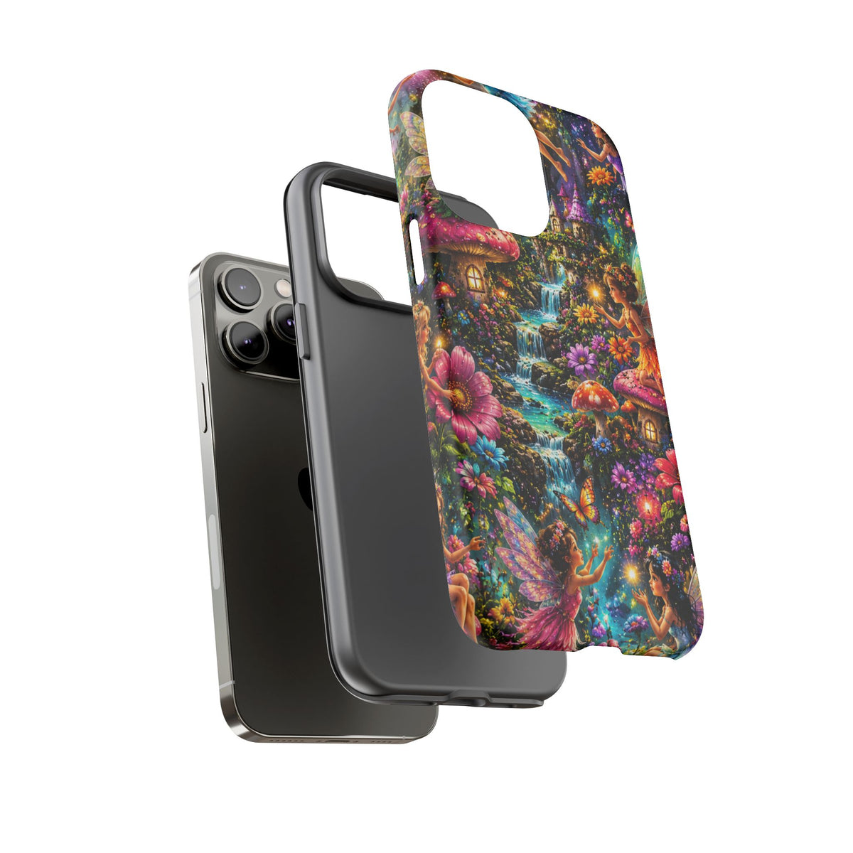 Fairy Garden Tough Phone Case — Whimsical Cottage, Waterfall & Mushroom Artwork