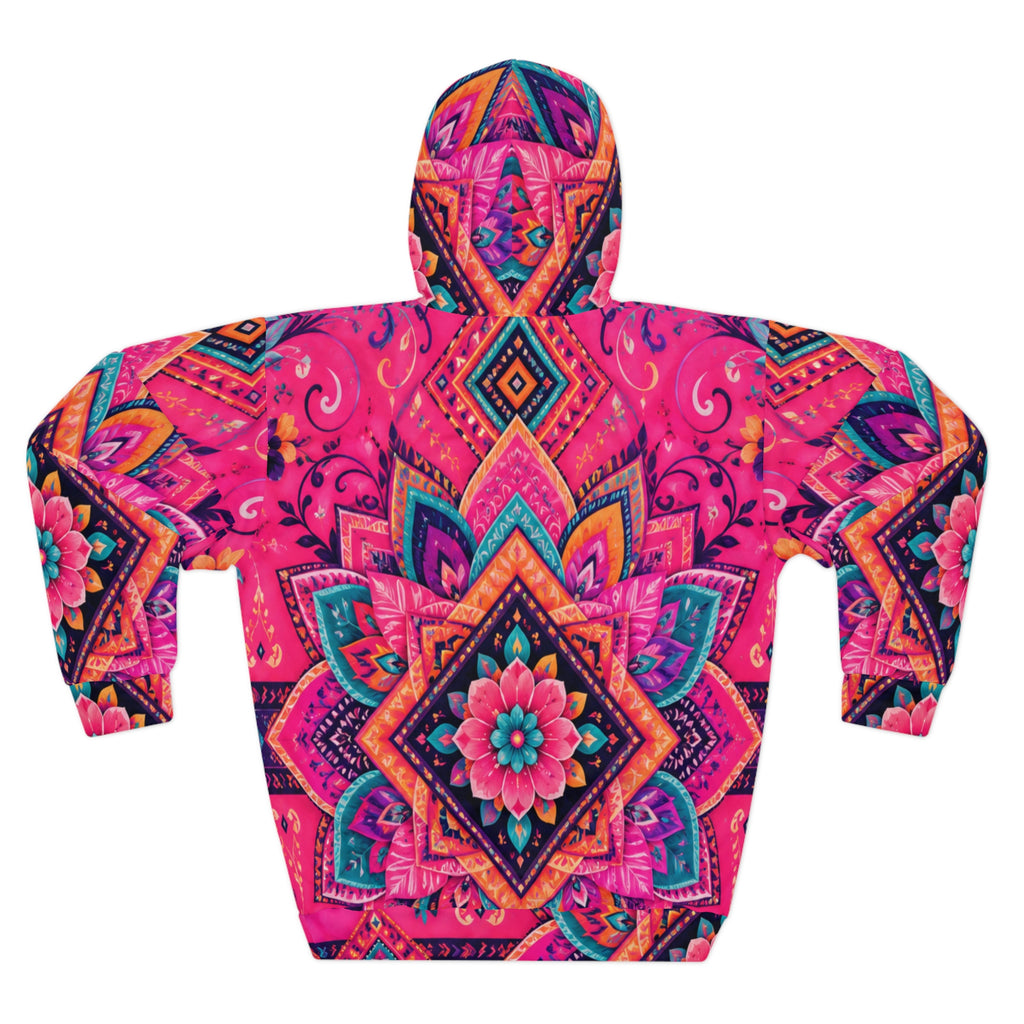 Mandala Floral Hoodie — Vibrant Pink Boho All-Over Print