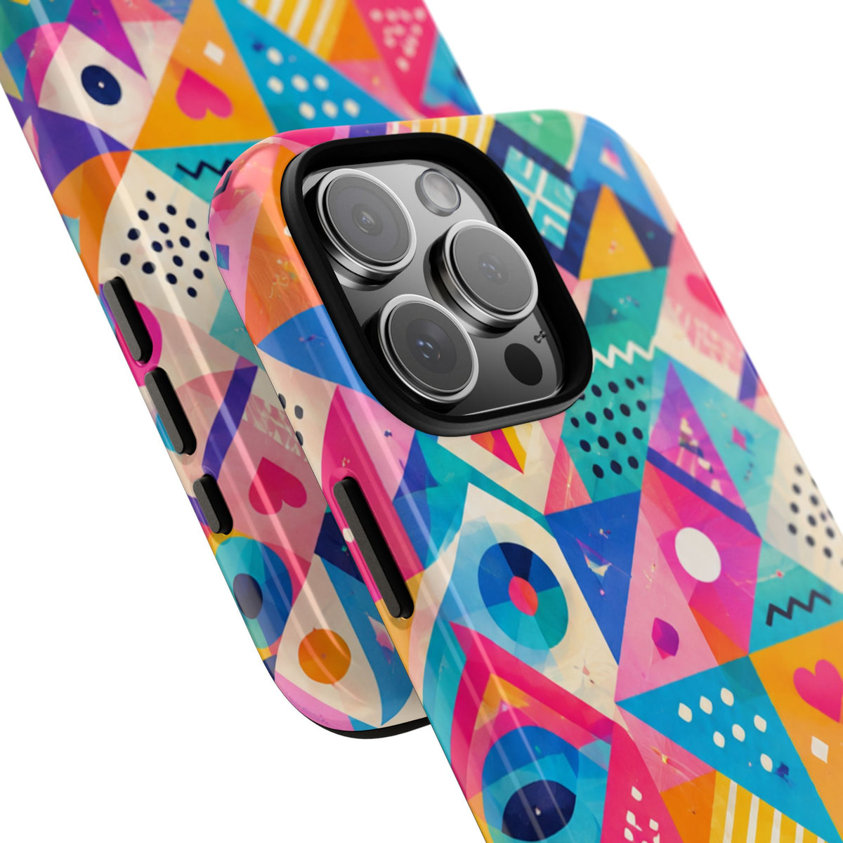 Colorful Geometric Tough Phone Case — Bright Abstract Heart & Triangle Pattern