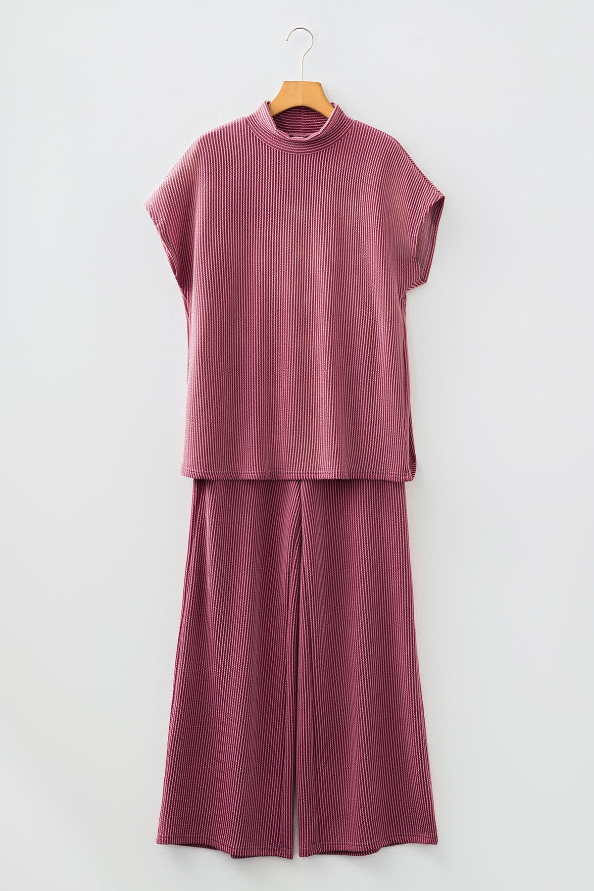 Corded Knit Mock Neck Tee and Pant Set