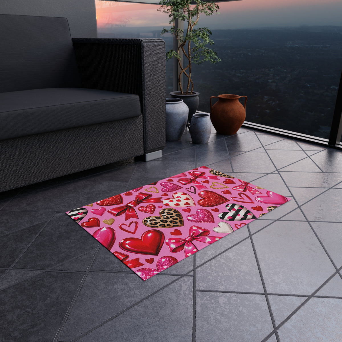 Valentine Heart Pattern Outdoor Rug - Pink Hearts & Bows Patio Mat