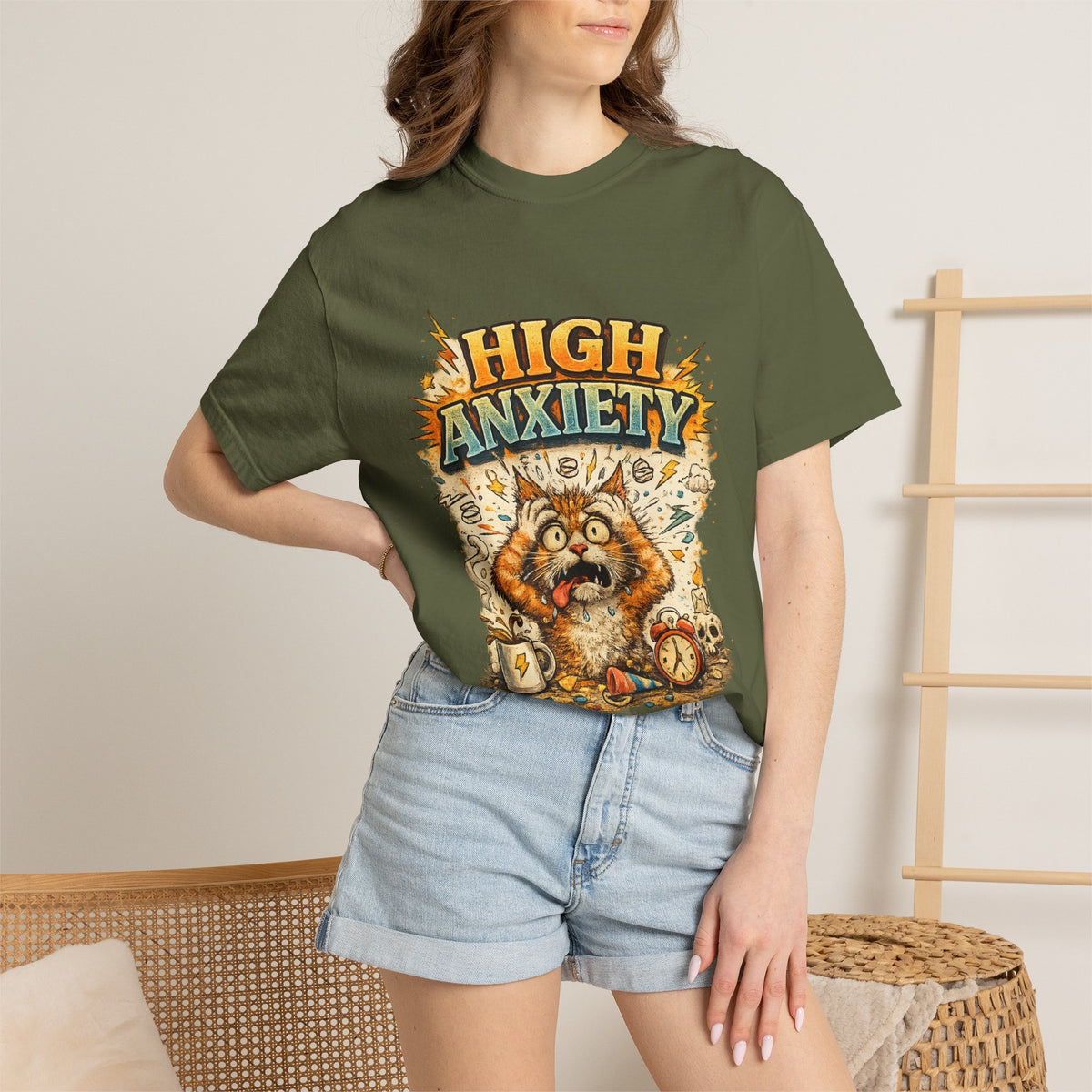 High Anxiety Cat Illustration T-shirt | Nervous Kitty Graphic Tee