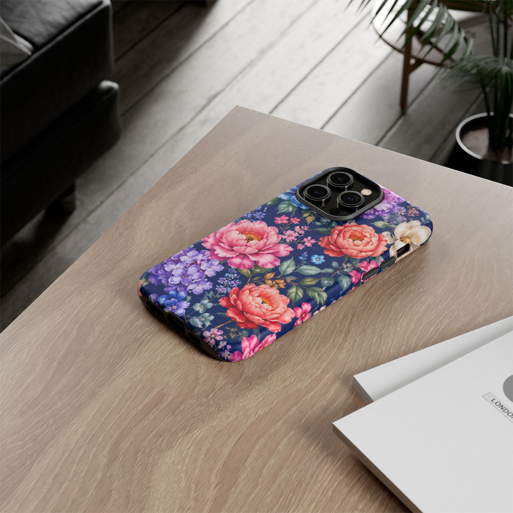 Floral Tough Phone Case – Vibrant Garden Flowers on Navy