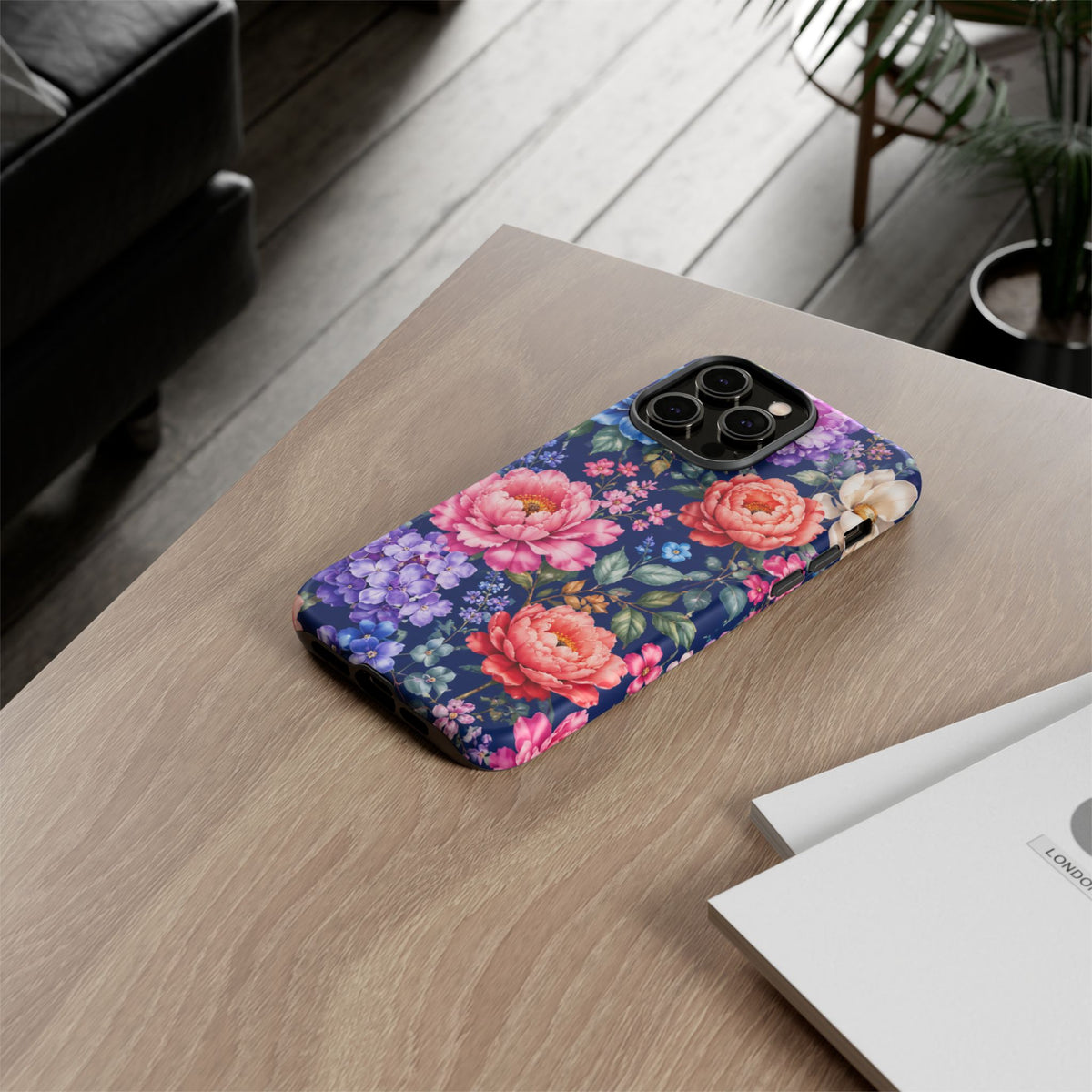 Floral Tough Phone Case – Vibrant Garden Flowers on Navy