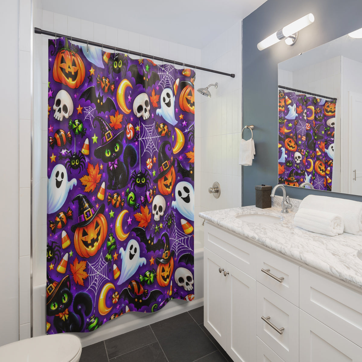 Halloween Cartoon Shower Curtain — Purple Ghosts, Pumpkins & Skulls Bathroom Decor