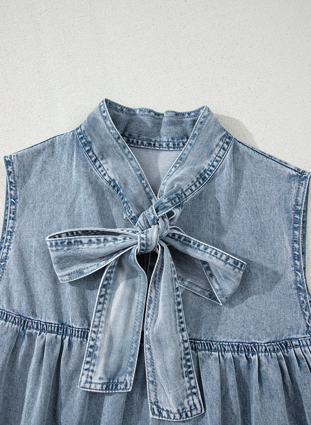 Chambray Bow Neck Sleeveless Ruffle Dress