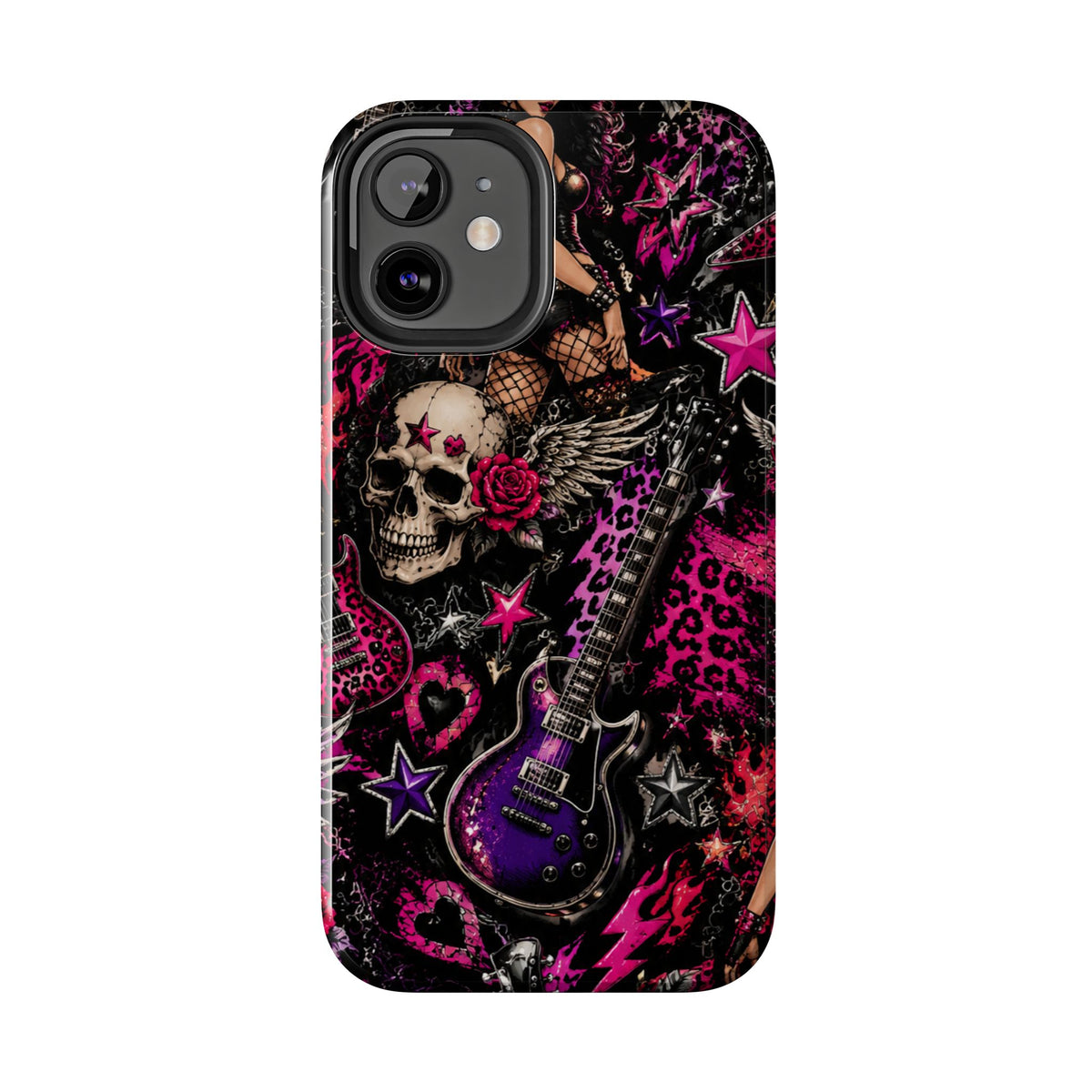 Rock Skull Guitar Phone Case — Edgy Pink Skull & Roses Tough Phone Case