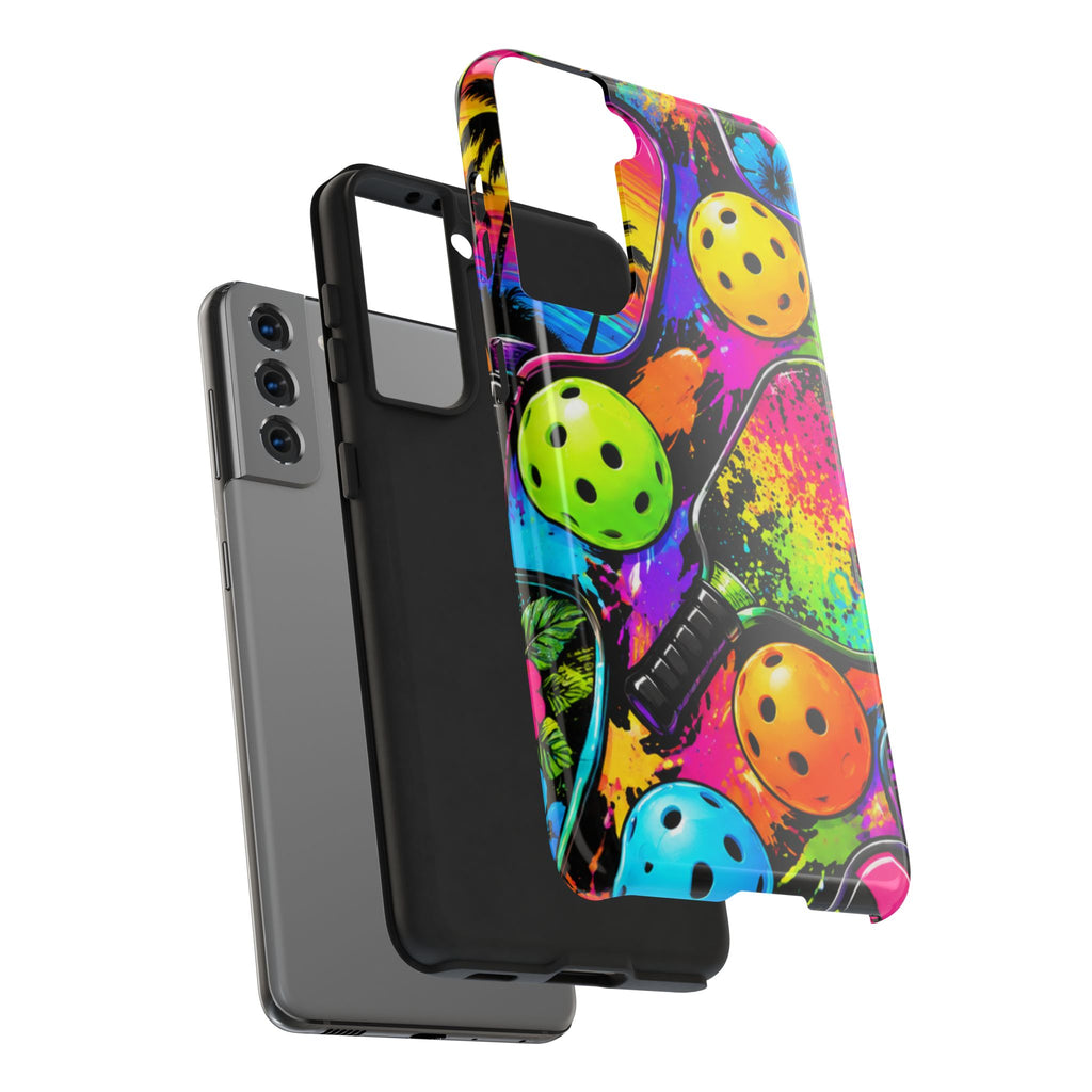 Pickleball Splash Tough Phone Case — Neon Paddle & Ball Protective Cover