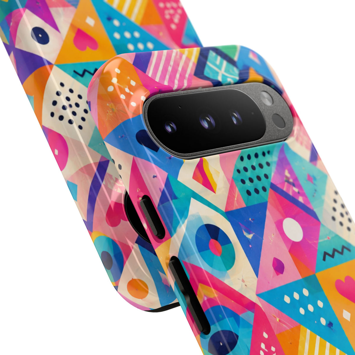 Colorful Geometric Tough Phone Case — Bright Abstract Heart & Triangle Pattern