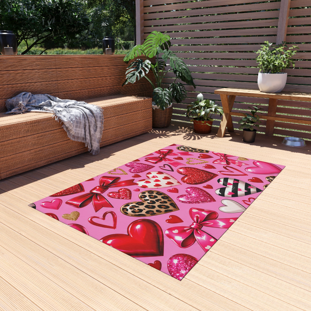 Valentine Hearts Outdoor Rug — Pink Bow & Leopard Accent Doormat