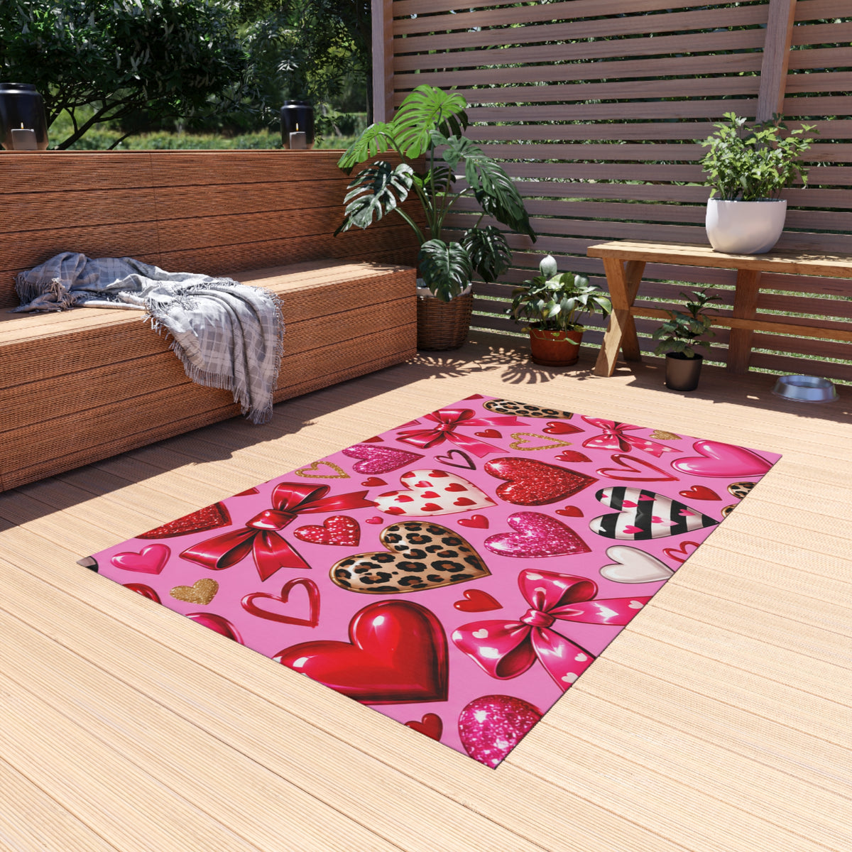 Valentine Hearts Outdoor Rug — Pink Bow & Leopard Accent Doormat