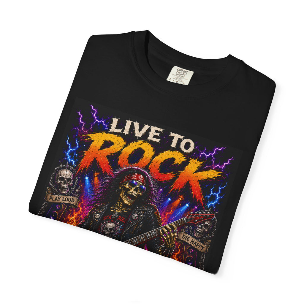 Live to Rock Rock to Live T-Shirt | Skeleton Guitar Metal Tee