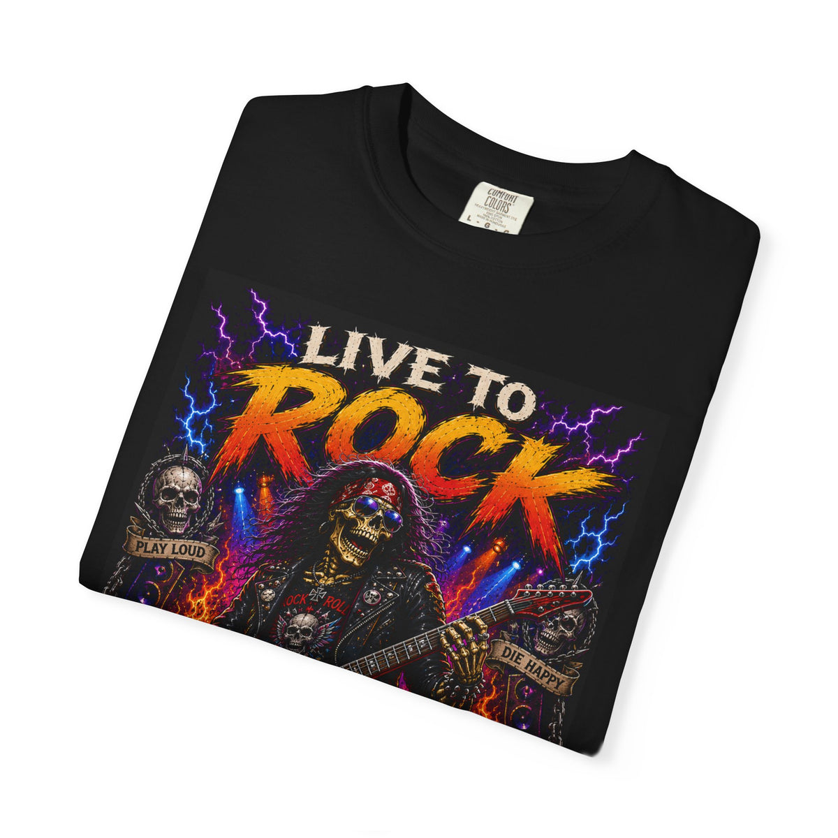 Live to Rock Rock to Live T-Shirt | Skeleton Guitar Metal Tee