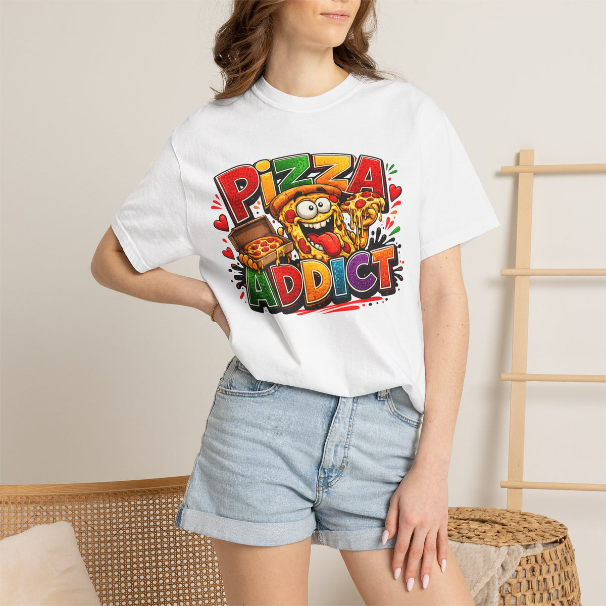 Pizza Addict T-shirt | Cartoon Slice Graphic, Funny Food Tee