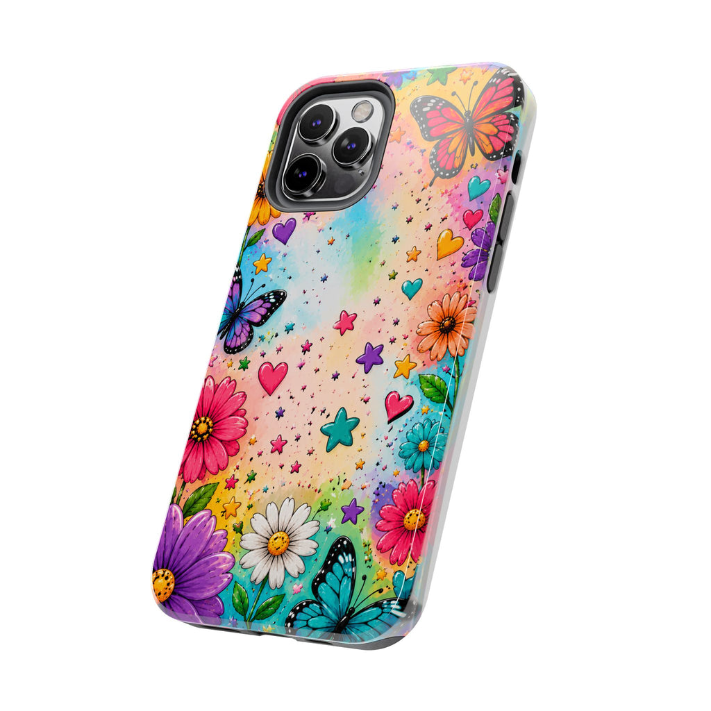 Colorful Butterflies and Flowers Tough Phone Case | Rainbow Hearts Stars