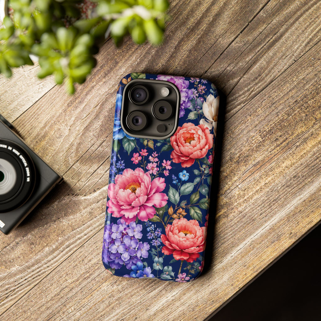 Floral Tough Phone Case – Vibrant Garden Flowers on Navy