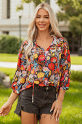 Floral 3/4 Puff Sleeve Tied Neck Blouse