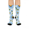 Daisy Bloom Cushioned Crew Socks — Blue Floral Comfort Socks