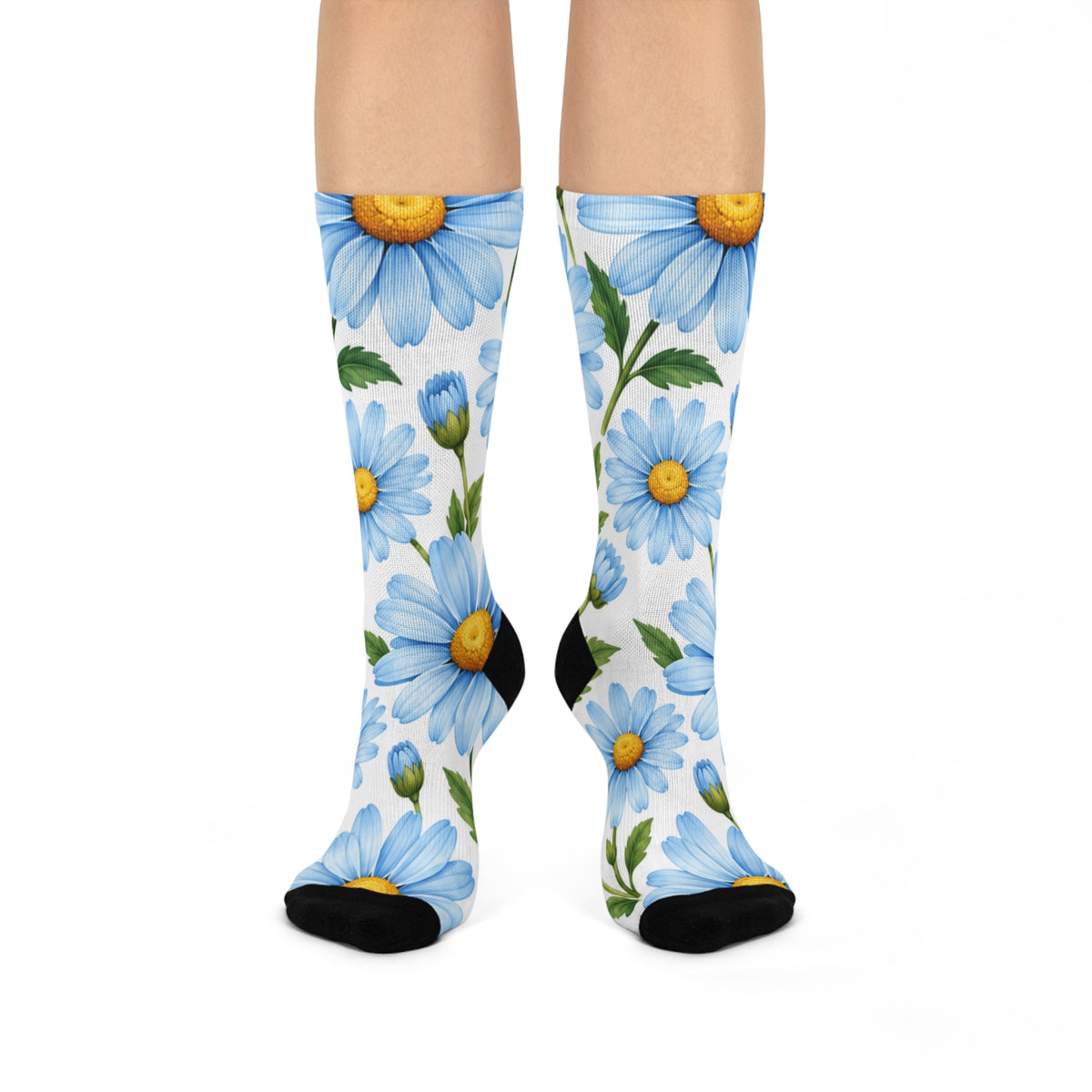 Daisy Bloom Cushioned Crew Socks — Blue Floral Comfort Socks
